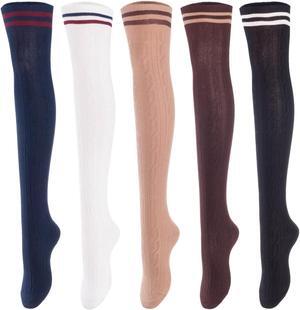 Lovely Annie Women's 5 Pairs Incredible Durable Super Soft Unique Over Knee High Thigh High Cotton Socks Size 6-9 A1023(Black,Coffe,Khaki,Wite,Navy)