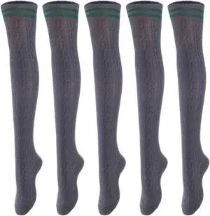 Lovely Annie Big Girl's Women's 5 Pairs Incredible Durable Super Soft Unique Over Knee High Thigh High Cotton Socks Size 6-9 A1023(Dark Grey)