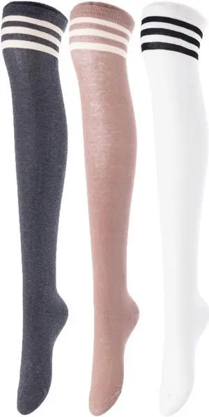 Lovely Annie Women's 3 Pairs Incredible Durable Super Soft Unique Over Knee High Thigh High Cotton Socks Size 6-9 A1022(Dark Grey, Kakhi, White)