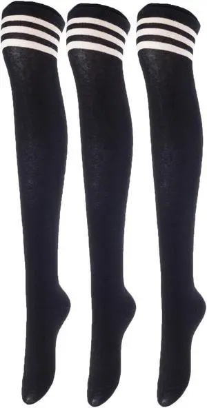 Lovely Annie Big Girl's Women's 3 Pairs Incredible Durable Super Soft Unique Over Knee High Thigh High Cotton Socks Size 6-9 A1022(Black)