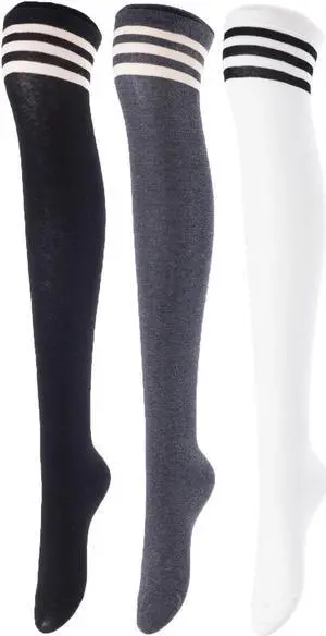 Lovely Annie Women's 3 Pairs Incredible Durable Super Soft Unique Over Knee High Thigh High Cotton Socks Size 6-9 A1022(Black, Dark Grey, White)