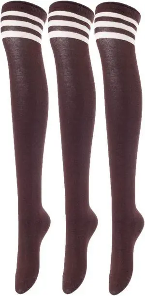 Lovely Annie Women's 3 Pairs Incredible Durable Super Soft Unique Over Knee High Thigh High Cotton Socks Size 6-9 A1022(Coffee)