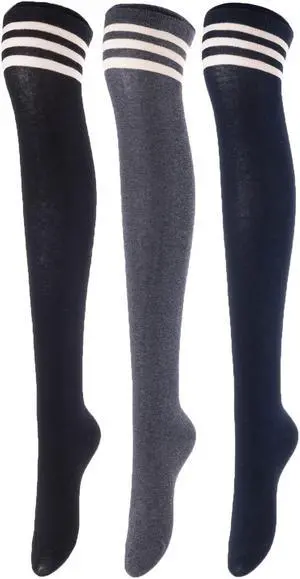Lovely Annie Women's 3 Pairs Incredible Durable Super Soft Unique Over Knee High Thigh High Cotton Socks Size 6-9 A1022(Black, Dark Grey, Navy)