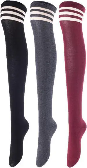 Lovely Annie Women's 3 Pairs Incredible Durable Super Soft Unique Over Knee High Thigh High Cotton Socks Size 6-9 A1022(Black, Dark Grey, Wine)