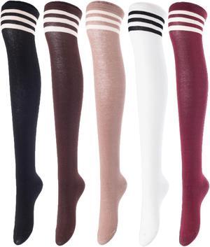 Lovely Annie Women's 5 Pairs Incredible Durable Super Soft Unique Over Knee High Thigh High Cotton Socks Size 6-9 A1022(Black,Cofe,Khaki,White,Wine)