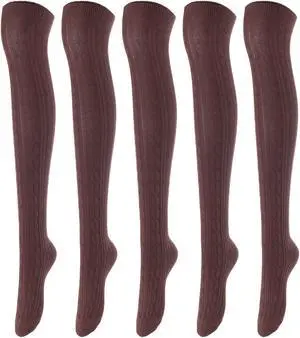 Lovely Annie Women's 5 Pairs Incredible Durable Super Soft Unique Over Knee High Thigh High Cotton Socks Size 6-9 A1024 (Coffee)