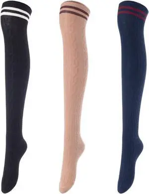 Lovely Annie Big Girl's Women's 3 Pairs Incredible Durable Super Soft Unique Over Knee High Thigh High Cotton Socks Size 6-9 A1023(Black,Kakhi,Navy)