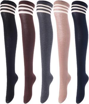 Lovely Annie Women's 5 Pairs Incredible Durable Super Soft Unique Over Knee High Thigh High Cotton Socks Size 6-9 A1022(Black,Coffee,DG,Khaki,Navy)