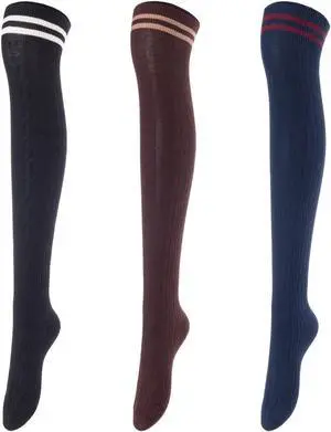 Lovely Annie Big Girl's Women's 3 Pairs Incredible Durable Super Soft Unique Over Knee High Thigh High Cotton Socks Size 6-9 A1023(Blk,Coffe,Navy)
