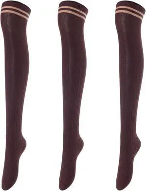 Lovely Annie Women's 3 Pairs Over Knee High Thigh High Cotton Socks Boot Stockings Comfy Cotton Leg Warmer Size 6-9 A1023(Coffee)