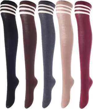 Lovely Annie Women's 5 Pairs Incredible Durable Super Soft Unique Over Knee High Thigh High Cotton Socks Size 6-9 A1022(Black,Coffee,DG,Khaki,Wine)