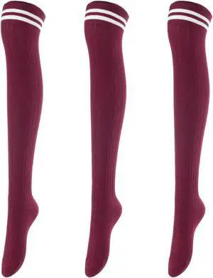 Lovely Annie Women's 3 Pairs Incredible Durable Super Soft Unique Over Knee High Thigh High Cotton Socks Size 6-9 A1023(Wine)