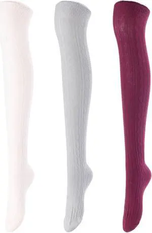 Lovely Annie Women's 3 Pairs Incredible Durable Super Soft Unique Over Knee High Thigh High Cotton Socks Size 6-9 A1024 (Beige,Light Grey,Wine)
