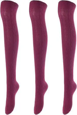 Lovely Annie Women's 3 Pairs Incredible Durable Super Soft Unique Over Knee High Thigh High Cotton Socks Size 6-9 A1024(Wine)