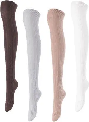 Lovely Annie Women's 4 Pairs Incredible Durable Super Soft Unique Over Knee High Thigh High Cotton Socks Size 6-9 A1023 (Coffee,Grey,Khaki,White)