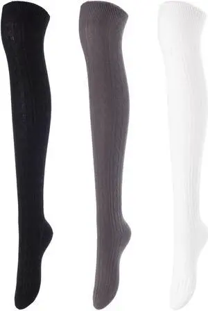 Lovely Annie Women's 3 Pairs Incredible Durable Super Soft Unique Over Knee High Thigh High Cotton Socks Size 6-9 A1024(Black,Dark Grey,Cream White)