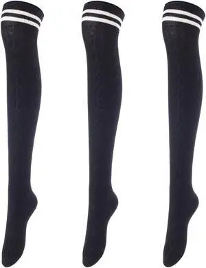 Lovely Annie Big Girl's Women's 3 Pairs Incredible Durable Super Soft Unique Over Knee High Thigh High Cotton Socks Size 6-9 A1023(Black)