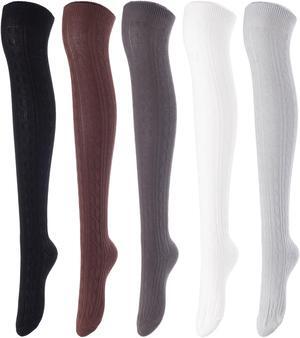 Lovely Annie Women's 5 Pairs Incredible Durable Super Soft Unique Over Knee High Thigh High Cotton Socks Size 6-9 A1024(Black,Coffee,DG,Cream,Grey)