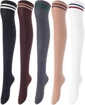 Lovely Annie Big Girl's Women's 5 Pairs Incredible Durable Super Soft Unique Over Knee High Thigh High Cotton Socks Size 6-9 A1023(Blk,Cof,DG,Kaki,Wite)