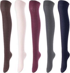 Lovely Annie Women's 5 Pairs Incredible Durable Super Soft Unique Over Knee High Thigh High Cotton Socks Size 6-9 A1024(Coffee,Beige,Wine,DG,Navy)