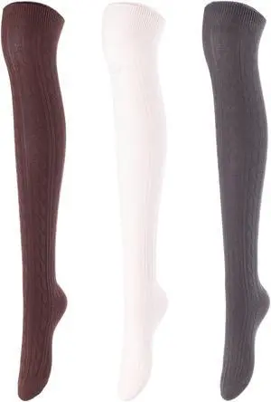 Lovely Annie Women's 3 Pairs Incredible Durable Super Soft Unique Over Knee High Thigh High Cotton Socks Size 6-9 A1024 (Coffee,Beige,Dark Grey)