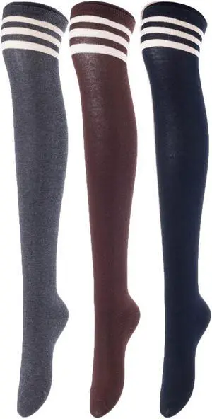 Lovely Annie Women's 3 Pairs Incredible Durable Super Soft Unique Over Knee High Thigh High Cotton Socks Size 6-9 A1022(Dark Grey, Coffee, Navy)