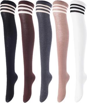 Lovely Annie Women's 5 Pairs Incredible Durable Super Soft Unique Over Knee High Thigh High Cotton Socks Size 6-9 A1022(Black,Coffee,DG,Khaki,White)