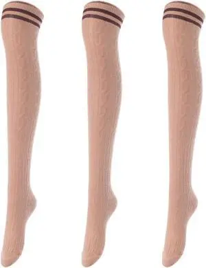 Lovely Annie Big Girl's Women's 3 Pairs Incredible Durable Super Soft Unique Over Knee High Thigh High Cotton Socks Size 6-9 A1023(Khaki)
