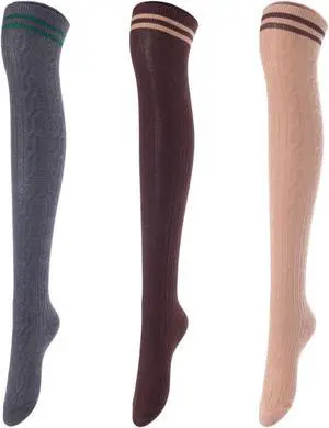Lovely Annie Big Girl's Women's 3 Pairs Incredible Durable Super Soft Unique Over Knee High Thigh High Cotton Socks Size 6-9 A1023(DG,Coffee,Khaki)