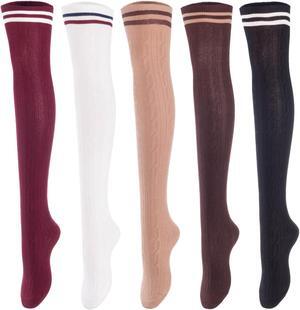 Lovely Annie Women's 5 Pairs Incredible Durable Super Soft Unique Over Knee High Thigh High Cotton Socks Size 6-9 A1023(Black,Cofe,Khaki,White,Wine)
