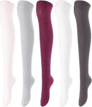 Lovely Annie Women's 5 Pairs Incredible Durable Super Soft Unique Over Knee High Thigh High Cotton Socks Size 6-9 A1024(Beige,LG,Wine,Cream,DG)