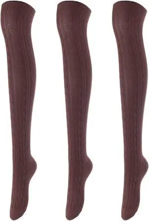 Lovely Annie Women's 3 Pairs Incredible Durable Super Soft Unique Over Knee High Thigh High Cotton Socks Size 6-9 A1024(Coffee)