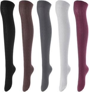 Lovely Annie Women's 5 Pairs Incredible Durable Super Soft Unique Over Knee High Thigh High Cotton Socks Size 6-9 A1024(Black,Coffee,Grey,DG,Wine)