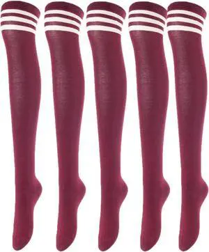Lovely Annie Women's 5 Pairs Incredible Durable Super Soft Unique Over Knee High Thigh High Cotton Socks Size 6-9 A1022(Wine)