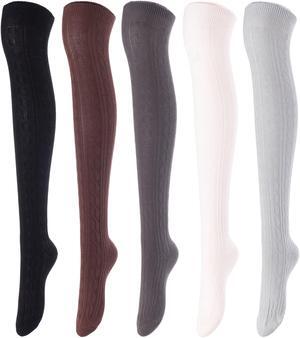 Lovely Annie Women's 5 Pairs Incredible Durable Super Soft Unique Over Knee High Thigh High Cotton Socks Size 6-9 A1024(Black,Coffee,DG, Beige,Grey)