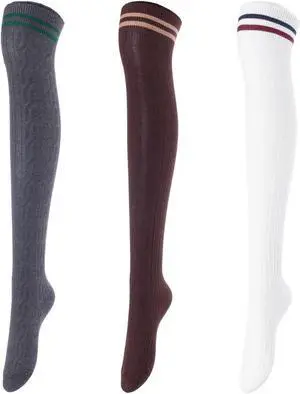 Lovely Annie Women's 3 Pairs Incredible Durable Super Soft Unique Over Knee High Thigh High Cotton Socks Size 6-9 A1023(DarkGrey,Coffee,White)
