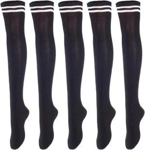 Lovely Annie Big Girl's Women's 5 Pairs Incredible Durable Super Soft Unique Over Knee High Thigh High Cotton Socks Size 6-9 A1023(Black)