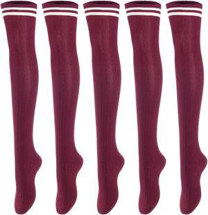 Lovely Annie Women's 5 Pairs Incredible Durable Super Soft Unique Over Knee High Thigh High Cotton Socks Size 6-9 A1023(Wine)