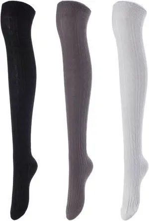 Lovely Annie Women's 3 Pairs Incredible Durable Super Soft Unique Over Knee High Thigh High Cotton Socks Size 6-9 A1024 (Black,Dark Grey,Grey)
