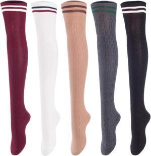 Lovely Annie Women's 5 Pairs Incredible Durable Super Soft Unique Over Knee High Thigh High Cotton Socks Size 6-9 A1023(Black,Khaki,White,Navy,Wine)