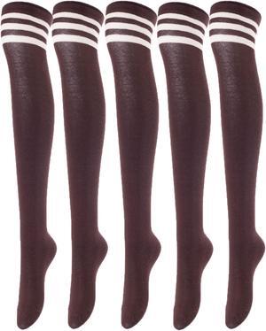 Lovely Annie Women's 5 Pairs Incredible Durable Super Soft Unique Over Knee High Thigh High Cotton Socks Size 6-9 A1022(Coffee)