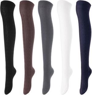 Lovely Annie Women's 5 Pairs Incredible Durable Super Soft Unique Over Knee High Thigh High Cotton Socks Size 6-9 A1024(Black,Coffee,DG,Cream,Navy)