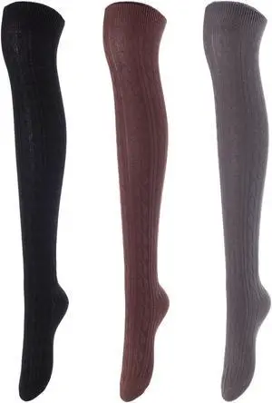 Lovely Annie Women's 3 Pairs Incredible Durable Super Soft Unique Over Knee High Thigh High Cotton Socks Size 6-9 A1024 (Black,Coffee,Dark Grey)