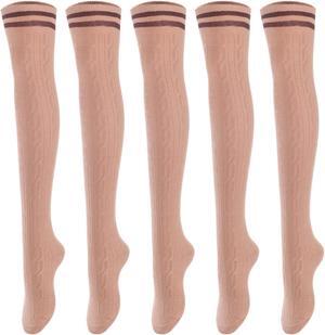 Lovely Annie Big Girl's Women's 5 Pairs Incredible Durable Super Soft Unique Over Knee High Thigh High Cotton Socks Size 6-9 A1023(Khaki)