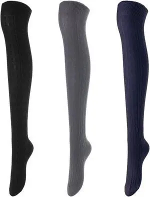 Lovely Annie Women's 3 Pairs Incredible Durable Super Soft Unique Over Knee High Thigh High Cotton Socks Size 6-9 A1024 (Black,Dark Grey,Navy)