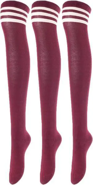 Lovely Annie Women's 3 Pairs Incredible Durable Super Soft Unique Over Knee High Thigh High Cotton Socks Size 6-9 A1022(Wine)