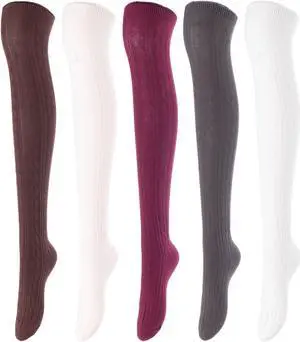 Lovely Annie Women's 5 Pairs Incredible Durable Super Soft Unique Over Knee High Thigh High Cotton Socks Size 6-9 A1024(Coffee,Beige,Wine,DG,Cream)