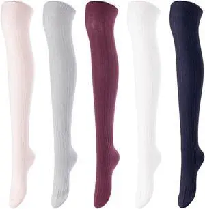 Lovely Annie Women's 5 Pairs Incredible Durable Super Soft Unique Over Knee High Thigh High Cotton Socks Size 6-9 A1024(Beige,LG,Wine,Cream,Navy)