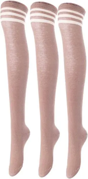 Lovely Annie Big Girl's Women's 3 Pairs Incredible Durable Super Soft Unique Over Knee High Thigh High Cotton Socks Size 6-9 A1022(Khaki)