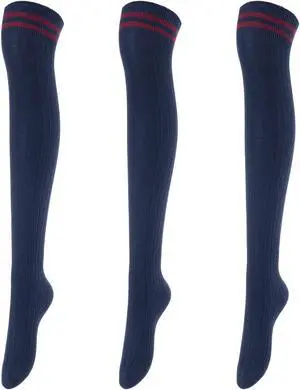 Lovely Annie Women's 3 Pairs Incredible Durable Super Soft Unique Over Knee High Thigh High Cotton Socks Size 6-9 A1023(Navy)
